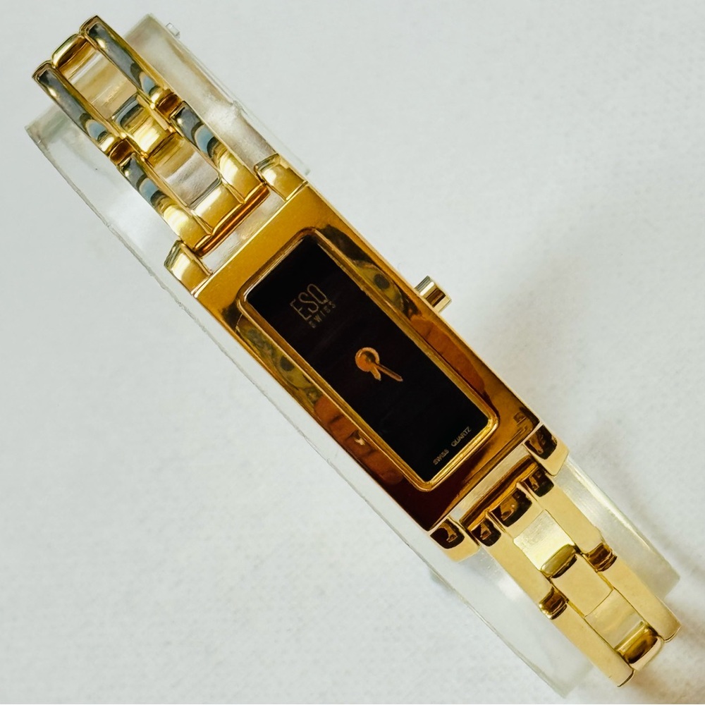 ESQ Swiss Movado Womens Skinny Tank Gold Watch Black Dial Elegant Bracelet E5185